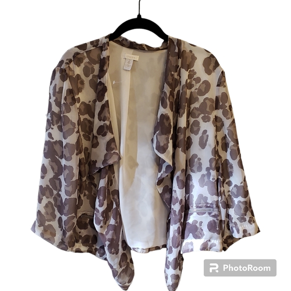 Chico's Travelers NWOT "Dana" gray tan animal print flowy light jacket, large - Picture 2 of 9